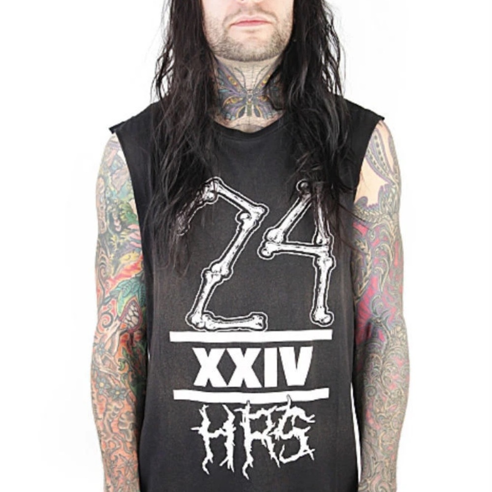24HRS Lip Service Goth Punk Black Graphic Sleeveless Shirt Tank UNISEX NWT XS